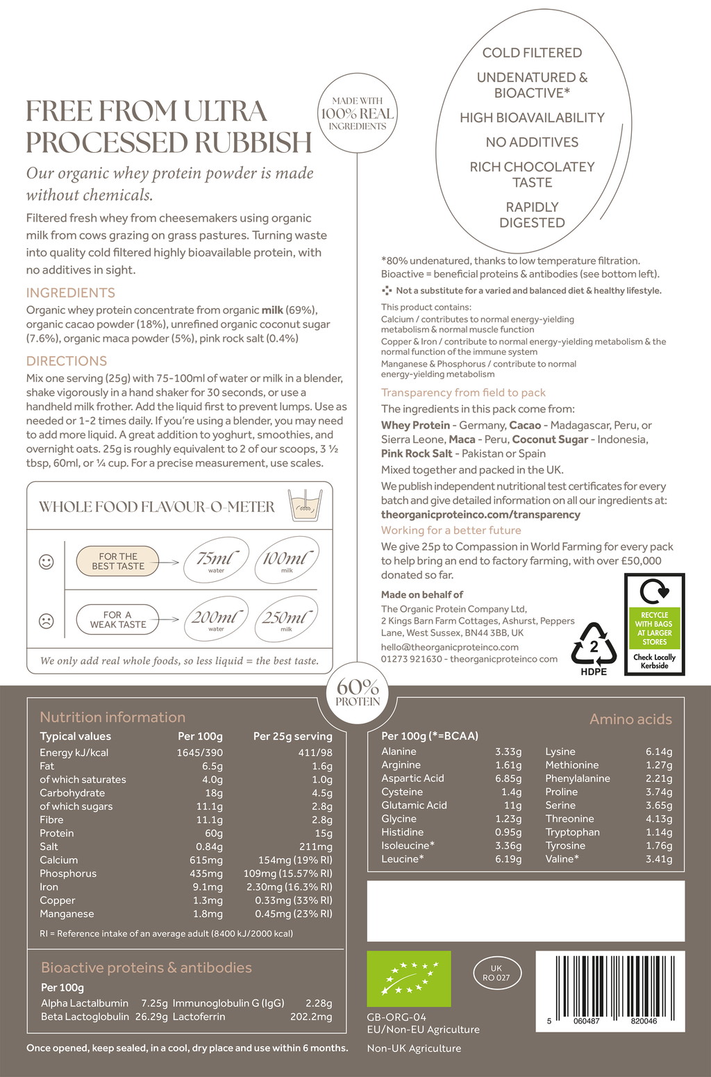 Chocolate Organic Whey Protein (Cacao & Maca): 400g